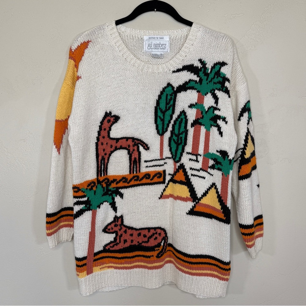 Vintage Gil Aimbez Hand Knitted Egyptian Desert Theme Pyramids Sun Sweater